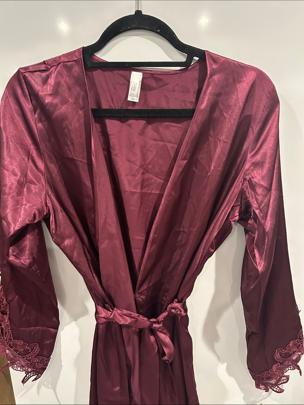 Flora Nikrooz Burgundy Satin Lace-Trim Robe